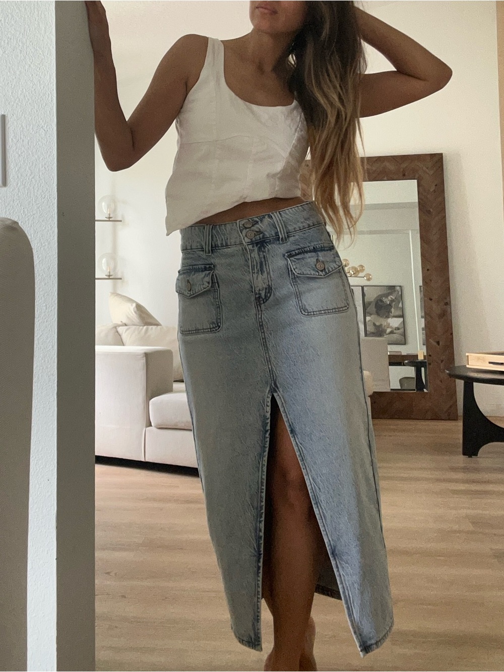 Free People Light Wash Denim Midi Skirt with Front Slit